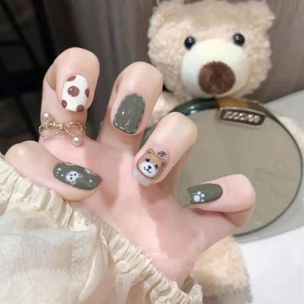 Spring/Summer Green Forest Little Bear Cartoon Press-On Fake Nails - Cute, Wearable Nail Tips