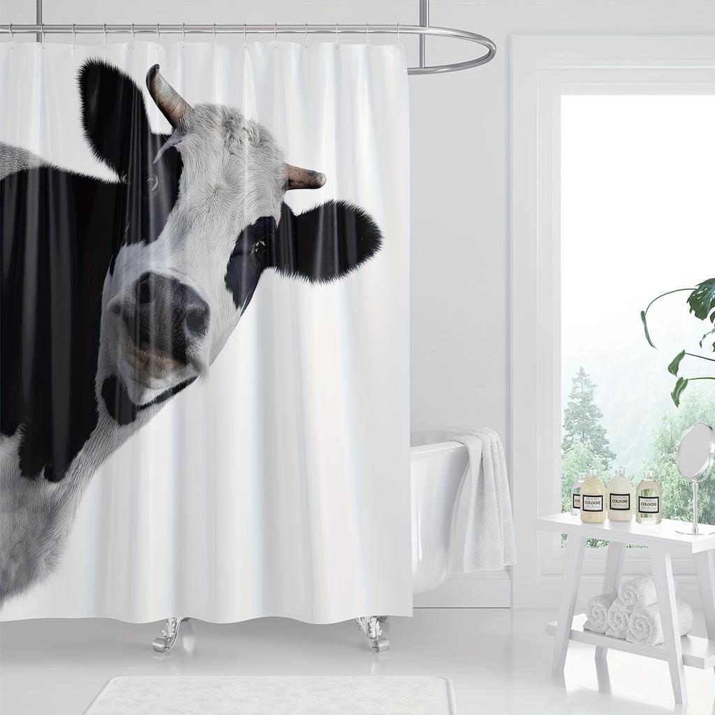 1 Tenda da Doccia con Stampa Mucca - Poliestere Con Ganci, Giocoso Design Mucca Cartone Animato, Lavabile in Lavatrice Decorazione Bagno Per Tutte le Stagioni