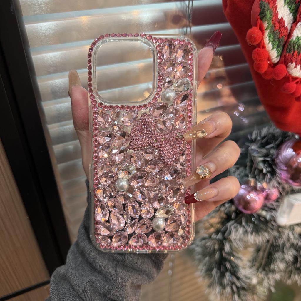Stylish Glitter Diamond Bow Acrylic Shockproof Phone Case for for 17 16 15 14 13 12 11 Pro Max Handmade Luxury Ins Style