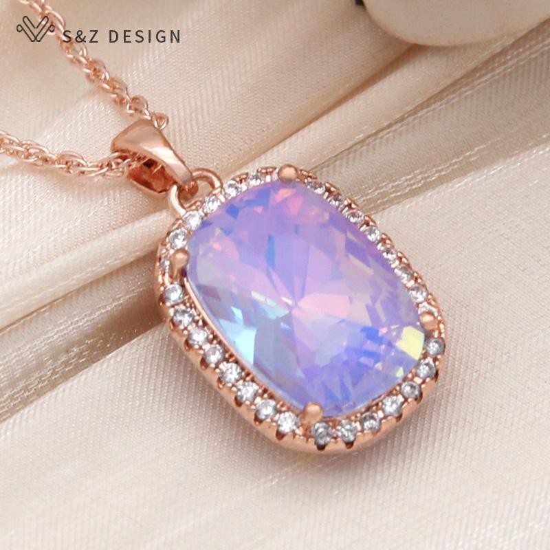 Fashion Elegant Rose Gold Color Rectangle Crystal Pendant Necklace For Women Wedding Zirconia Jewelry