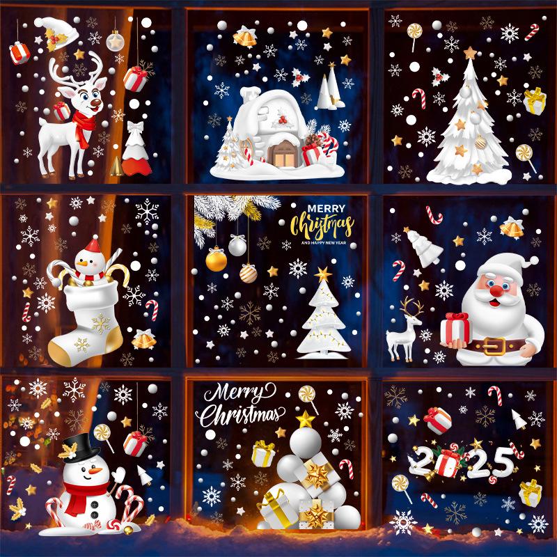 Christmas Static Clings: White Santa, Tree, Snowman, Snowflake, Reindeer Window Decals