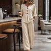 Breathable Summer Pants 2 Piece Sets for Women, Casual Ruffle 3/4 Sleeve Buttons V Stretchy Waist Neck Top And Wide Leg Matching Set, Loose