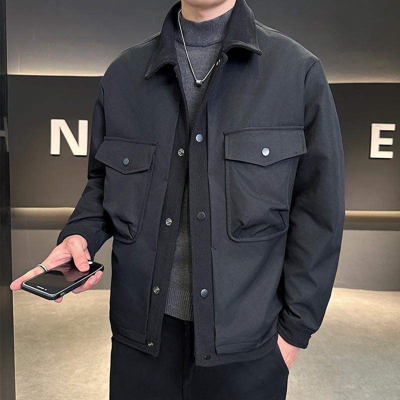 

Black Lapel Jacket Tooling Men s Spring and Autumn Solid Color Coat Top Versatile Loose Simple Casual 4XL чёрный