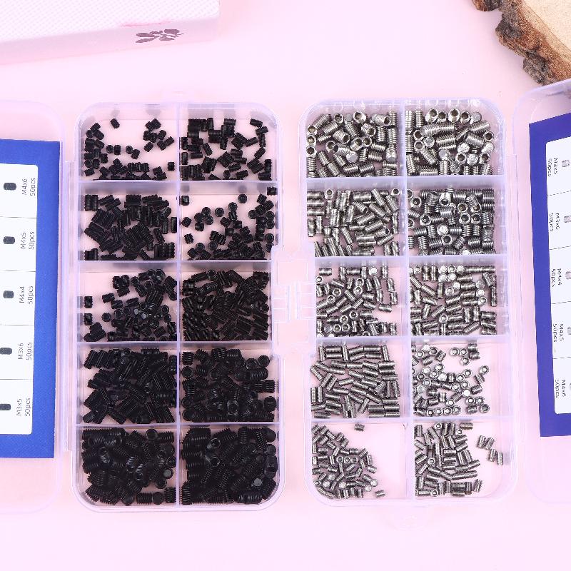 500pcs M2.5 M3 M4 DIN913 304 Stainless Steel Black Hex Hexagon Socket Allen Flat Point Grub Bolt Set Screw Kit Box