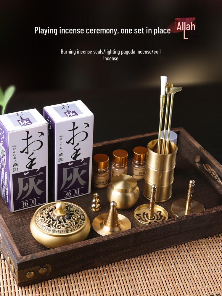 Brass Incense Ceremony Set: Seal Tools, Ash Press, Incense Powder, Burner, Shovel, Spoon, Stamp.