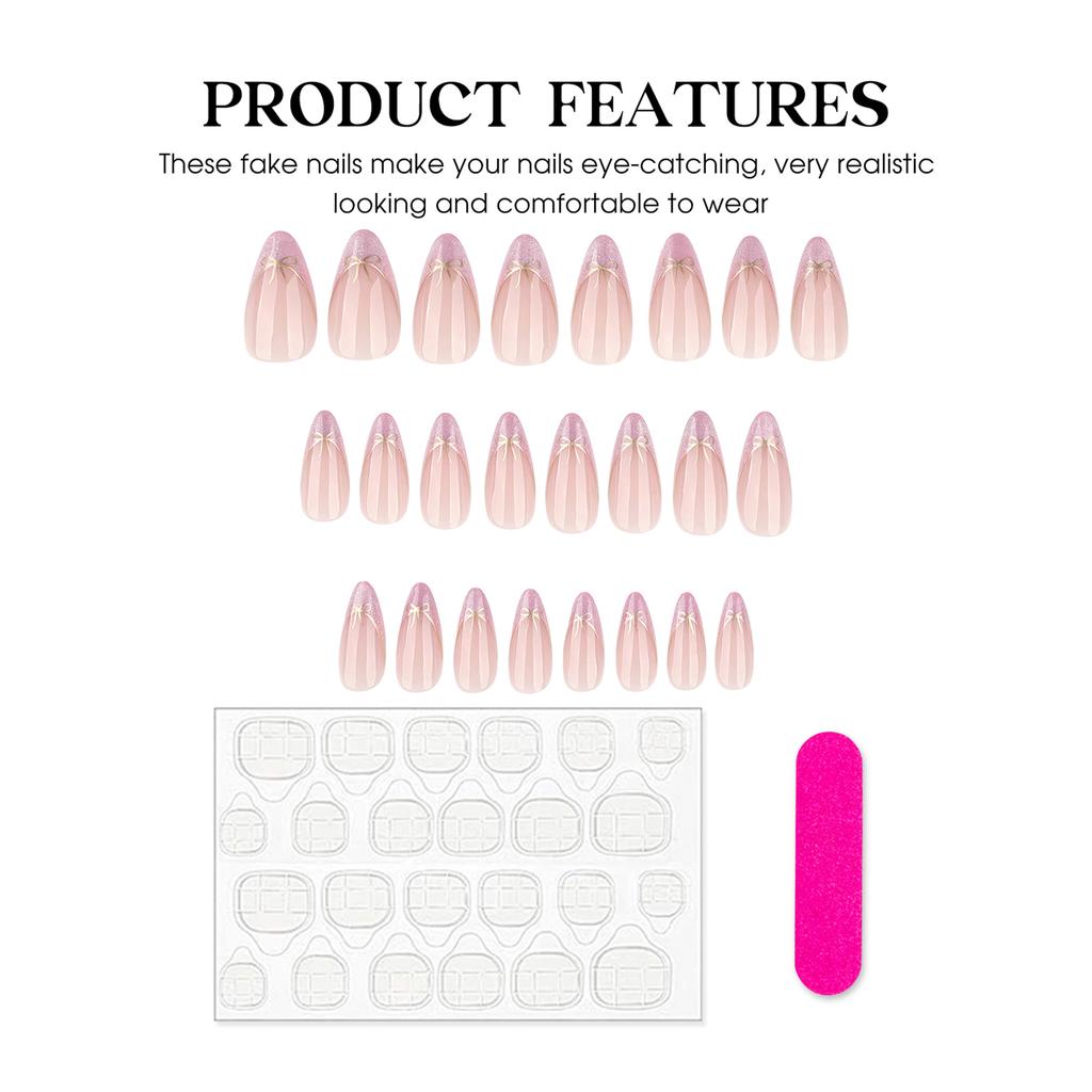 French Pink False Nails 24Pcs Almond Shape With Bowknot Decoration For Wedding Party