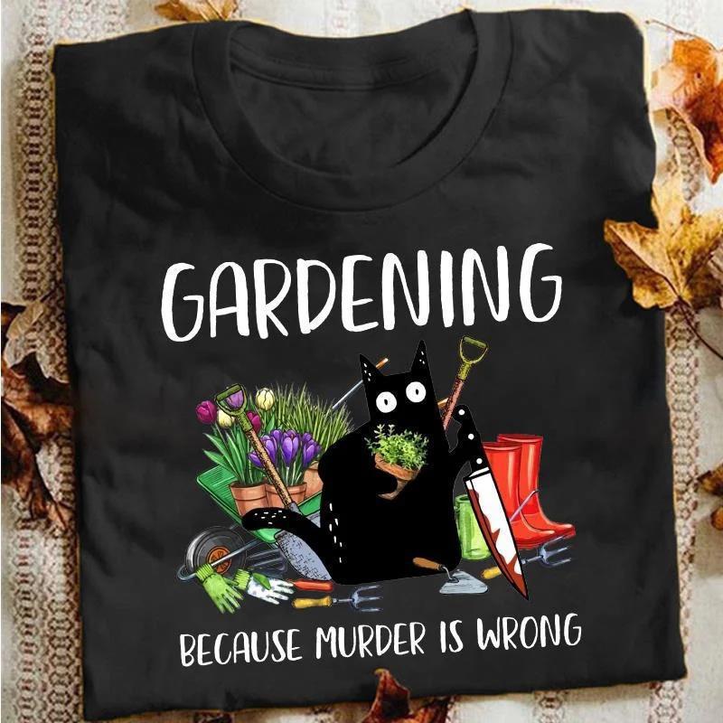 

Women s Summer Gardening Graphic Tee - Murder is Wrong Black Cat Design Medium темно-синього кольору
