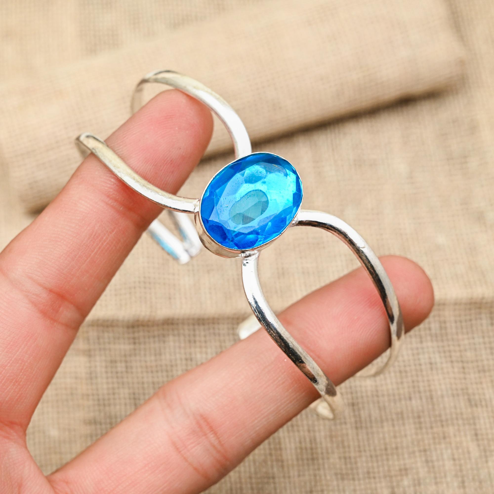 

Amazing Blue Topaz Gemstone Handmade 925 Sterling Silver Jewelry Beauteous Adjustable Bangle For Her