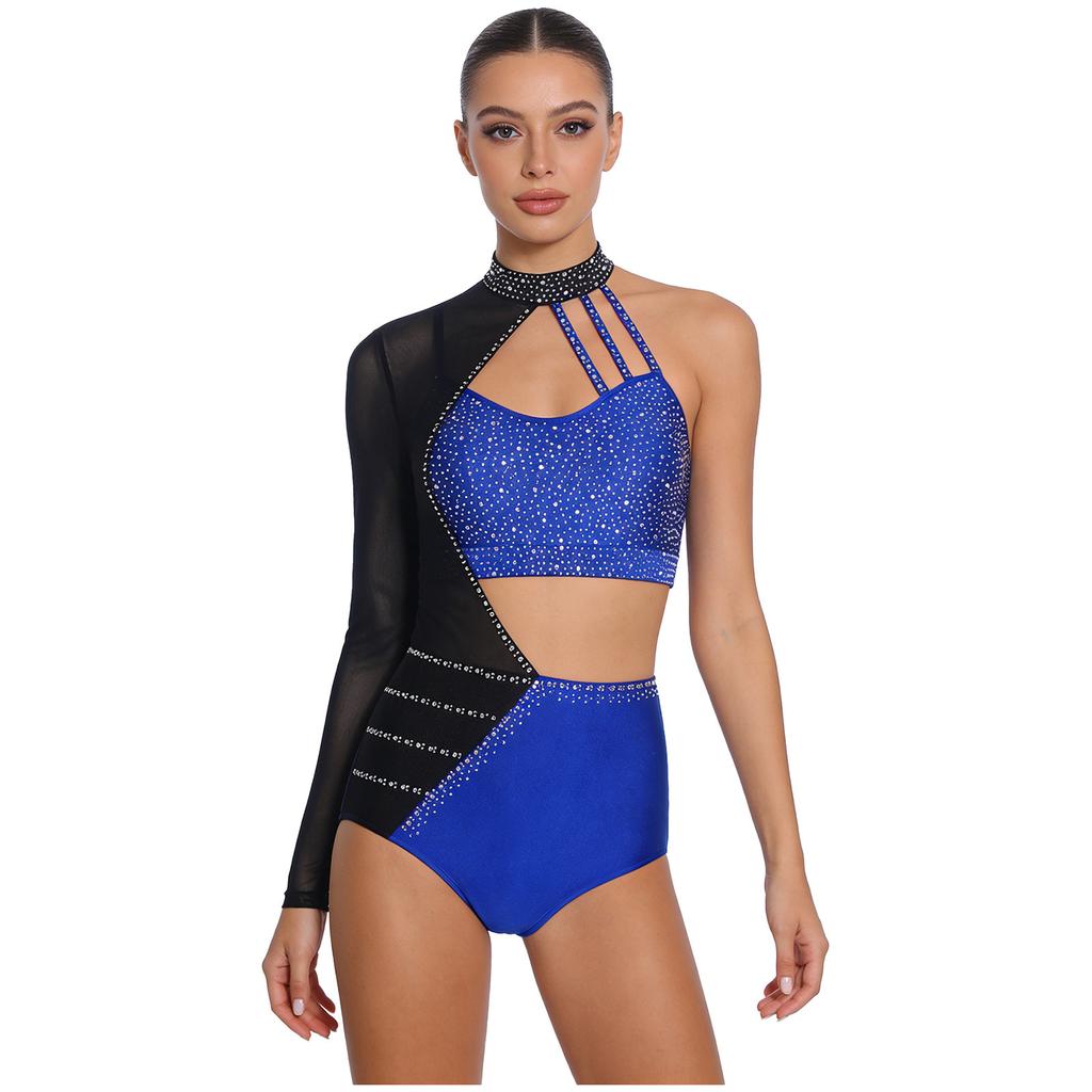 S-XXL Womens Gymnastics Leotard Bodysuit Rhinestone Color Blocking Asymmetrical Hollow Out Jumpsuit Figure Skating Tango Dancewear