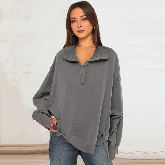 Fall Spring Women Sweatshirt Loose Turn-down Collar Lantern Sleeves Loose Solid Color Side