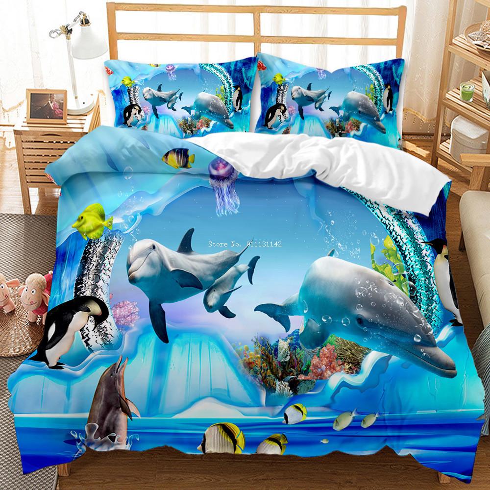 Queen & King Size 3D Undersea World Whale Shark Printed Down Quilt Cover & Pillow Cover Bedding Set with Blue Background