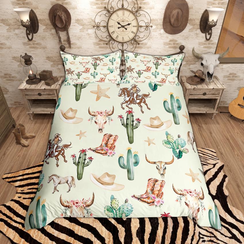 Homewish Western Cowboy Cowgirl Bettbezug-Set, Rustikales Bauernhaus Bettwäsche-Set, Vintage Stiefel Hüte Bettdeckenbezug-Set