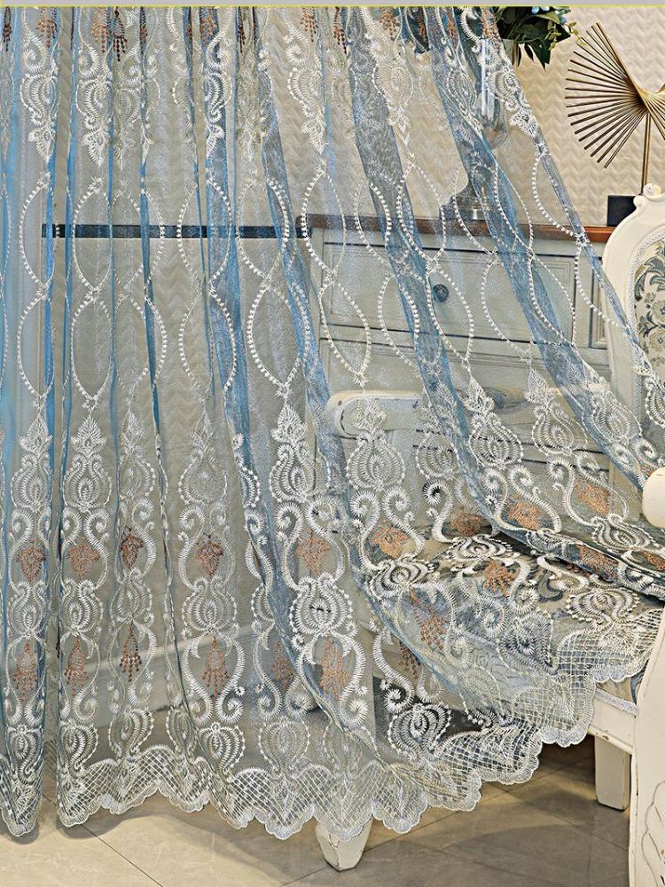 European Beaded Embroidered Sheer Curtains, for Living Room and Bedroom Decor, Elegant Floral Pattern, Light Filtering Drapes