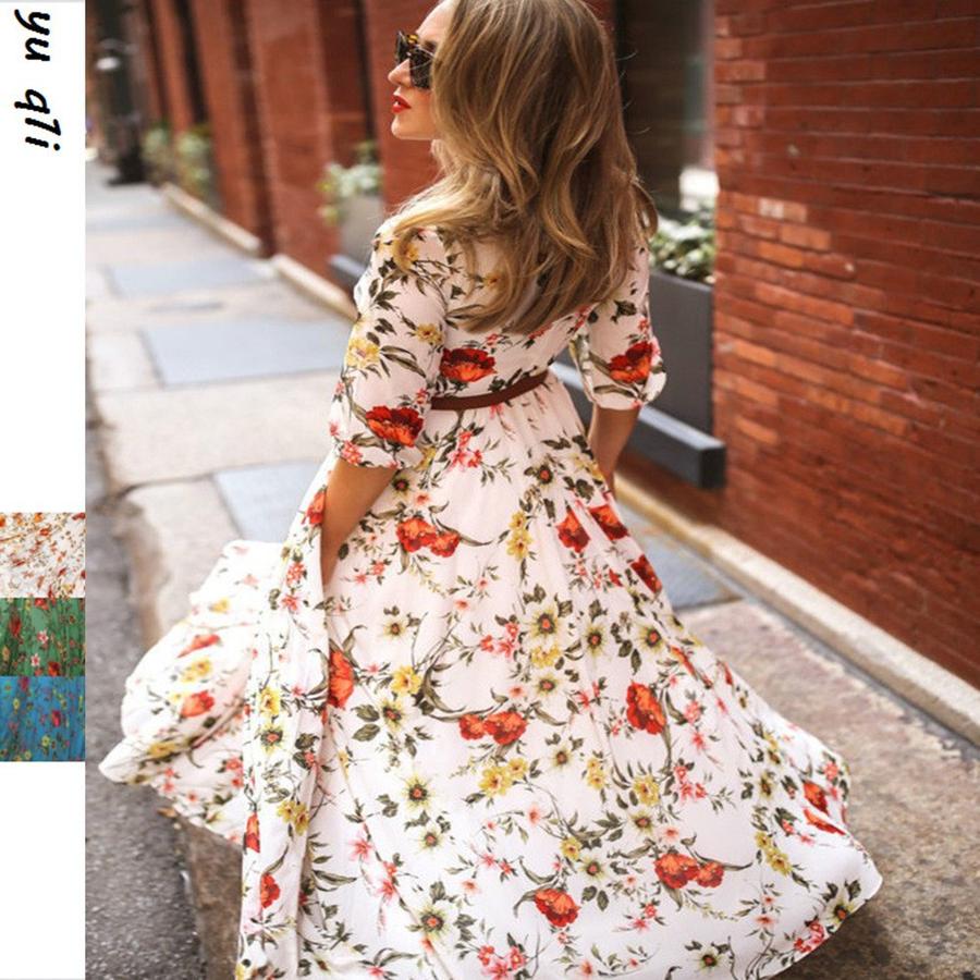 Vestido Novo Estilo Primavera Estampado Digital Corte Solto Floral Elegante Emagrecedor Vestido Longo