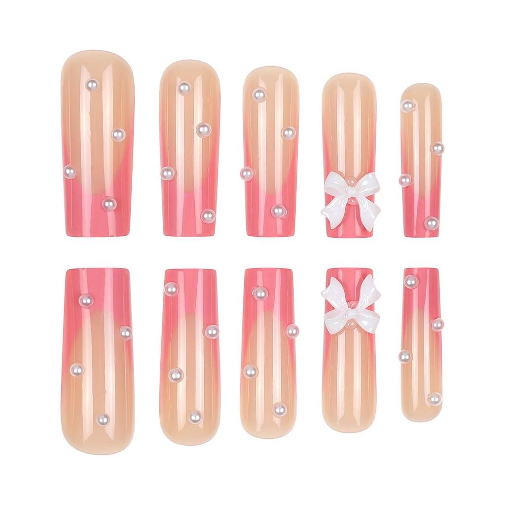 Elegant Long Pink French Bow Pearl False Nail Tips