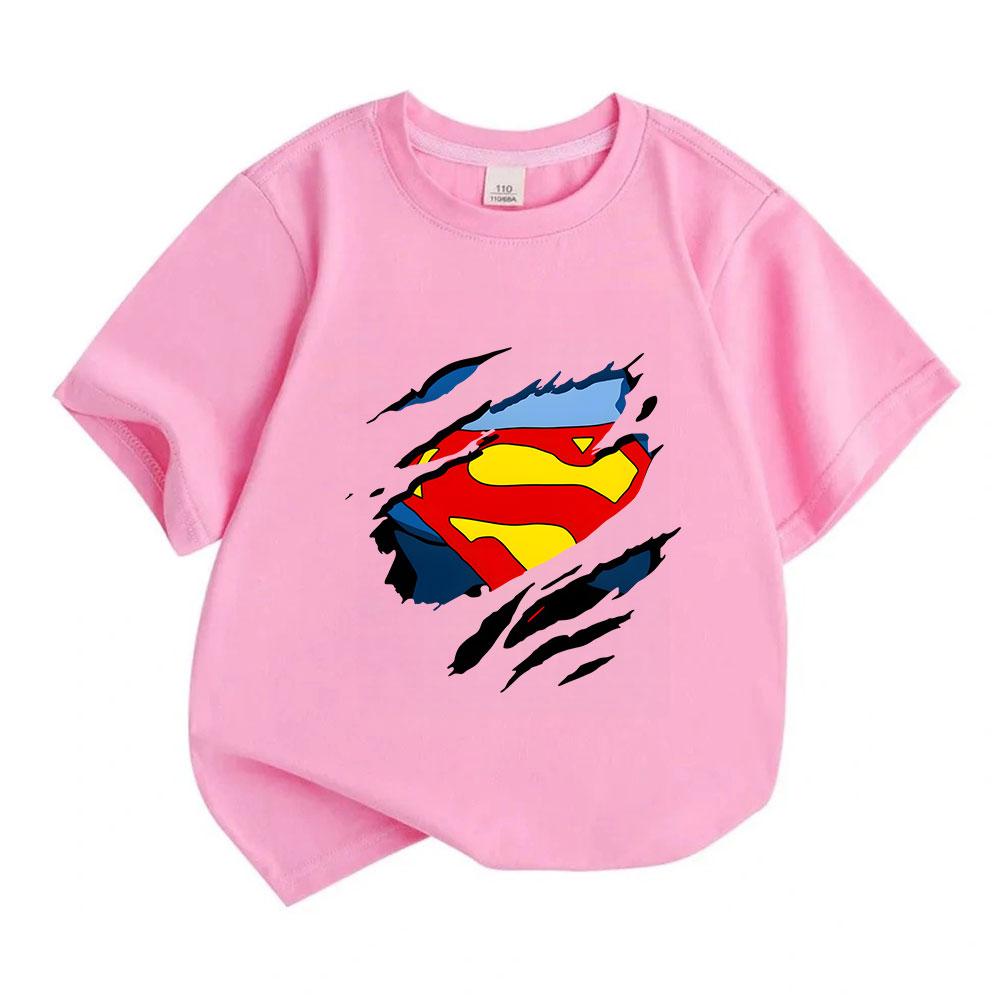 Kids Boys Girls Crew Neck Short Sleeve 100% Cotton T-Shirt, Cool Ripped Torn Effect Hero Chest Pattern Casual Soft Breathable Tees for Daily Summer We