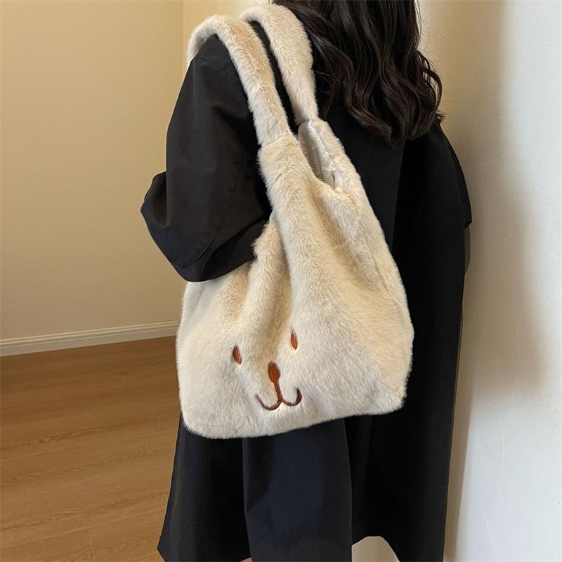 Cartoon Cute Fluffy Bag Women's New Plush Large-capacity Shoulder Bag Autumn and Winter Versatile Commuter Tote Bag