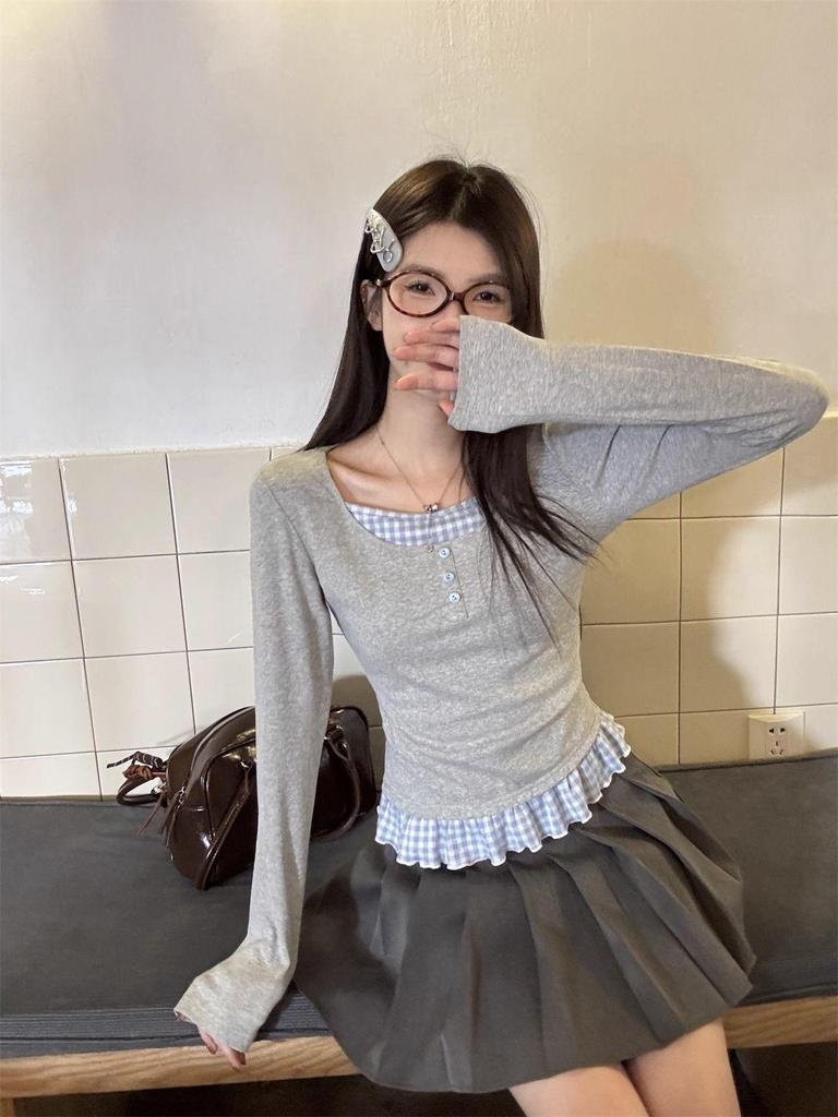 Gray Two-Piece Style Long Sleeve Shoulder Stitch T-Shirt - Women's Slim Fit Short Top for Spring