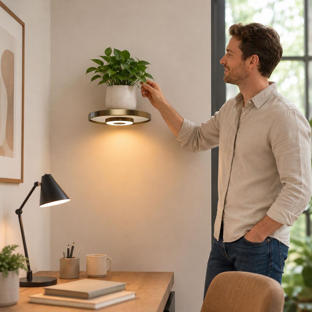 Floating Wall Shelf with Built-in Lights, Modern Plant Display Shelf, -Saving Mount, for Living Room and Bedroom