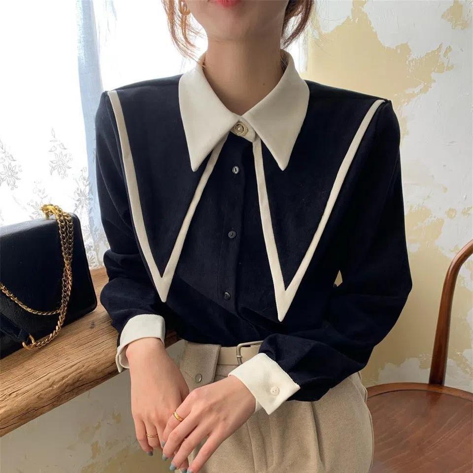 Camicia da Donna Moda Autunno e Primavera Abbinamento Colori Collo a Revers Manica Lunga