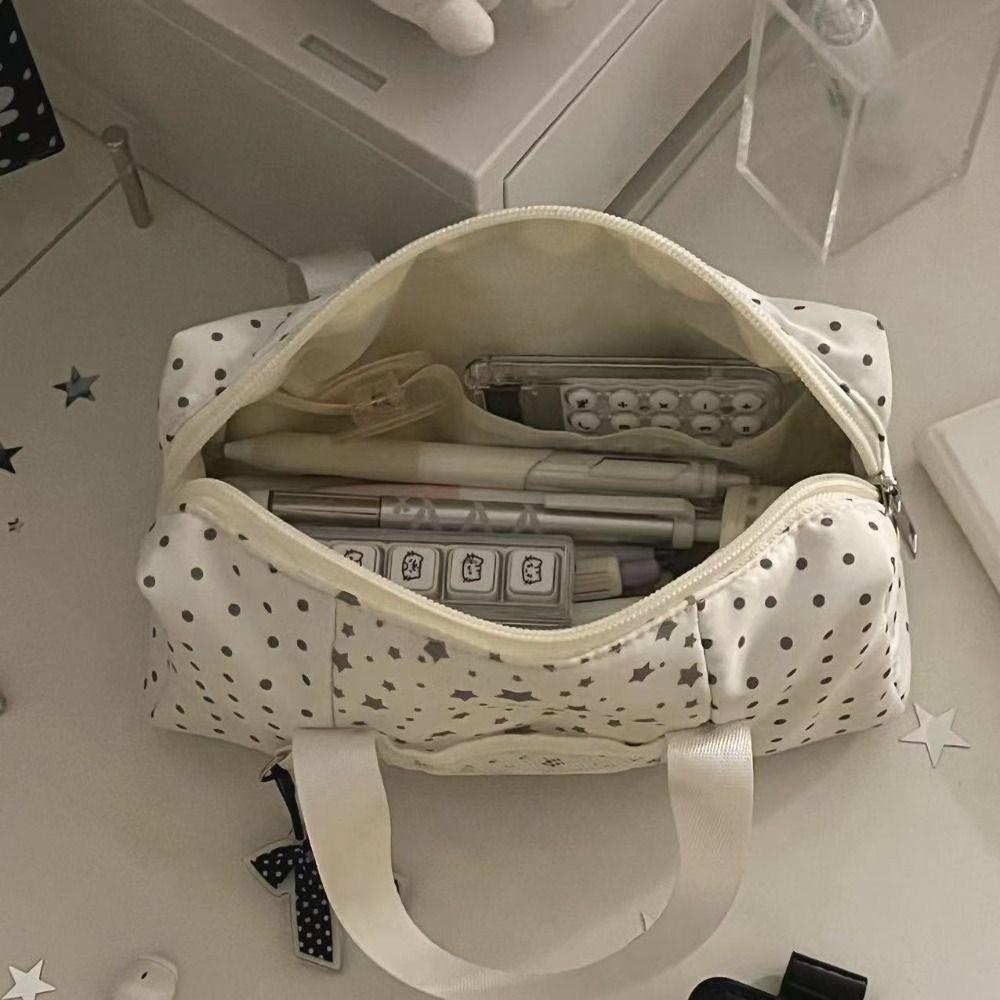 Cartoon White Pencil Case Multi-functional Star Polka Dot Stationery Bag Large-capacity Pen Bag School Supplies