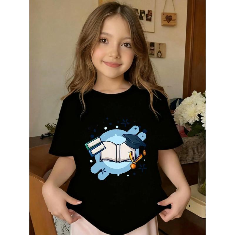 

European Size Girls Round-neck Short-sleeved T-shirt with Graduation Season Bachelor Cap Pattern Print 98cm чёрный