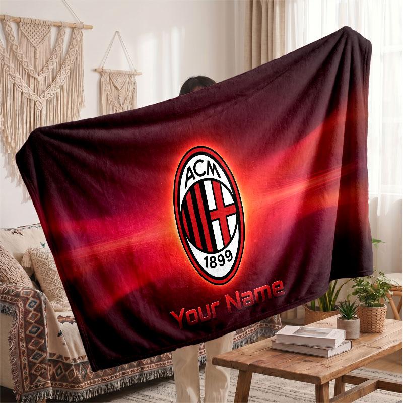 Coperta in Pile Personalizzata AC Milan con Logo Calcio, Testo Nome Personalizzato Morbida Calda Coperta da Divano per la Casa