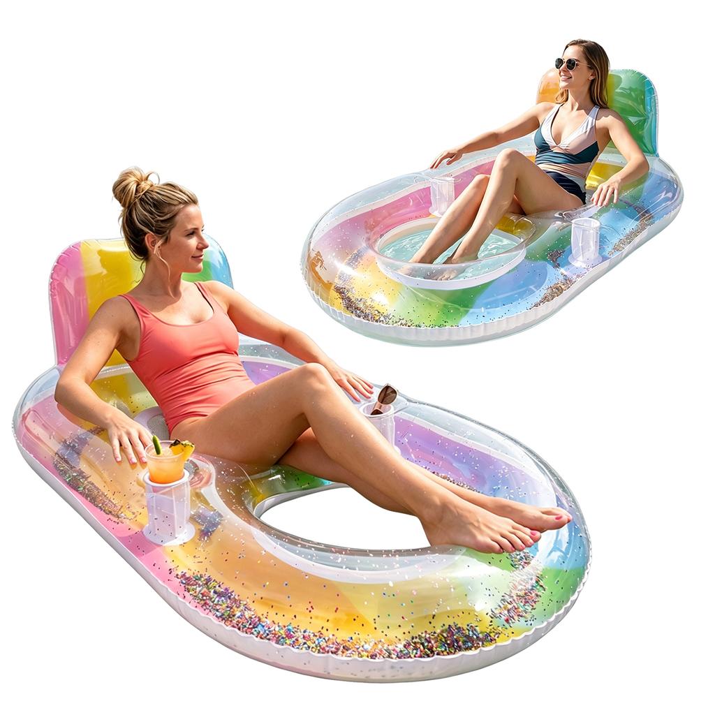 Glitter Inflatable Pool Float Chair with Backrest & Cup Holder Blow Up Floating Hammock Leakproof For Adult Water Leisure Floats