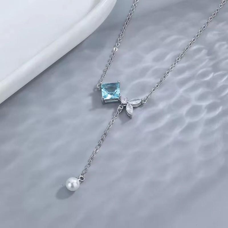 

ANENJERY Ожерелье-бантик из синего квадратного циркония для женщин, новое модное ожерелье с подвеской из искусственного жемчуга и кисточкой, ювелирные изделия для вечеринок