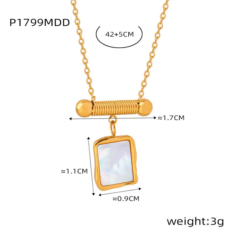 Elegant Spiral Pattern Necklace with Geometric Square Mother-of-Pearl Pendant, Gold-Plated Titanium Steel.