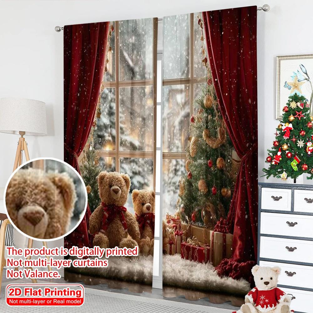 2pcs 2D flat printing Merry Christmas Popular Curtains Christmas holiday Versatile Fabric Without Electricity Holiday