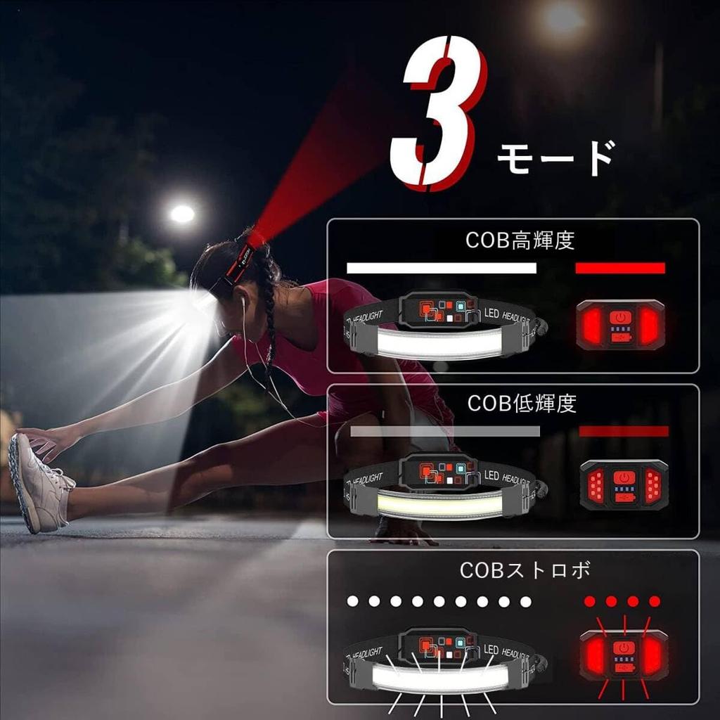 Angle LED USB COB Lamp Bright 3 Lighting 3 Warning Light Battery Level Super Ideal for Outdoor Use Ultra-Wide Headlight, Rechargeable, Beads,