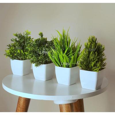 Small Eucalyptus Potted Faux Decorative Grass Plant With White Pot For Home Decor, Indoor, Office, Desk, Shelf, Table Decoration (Pack Of 4)