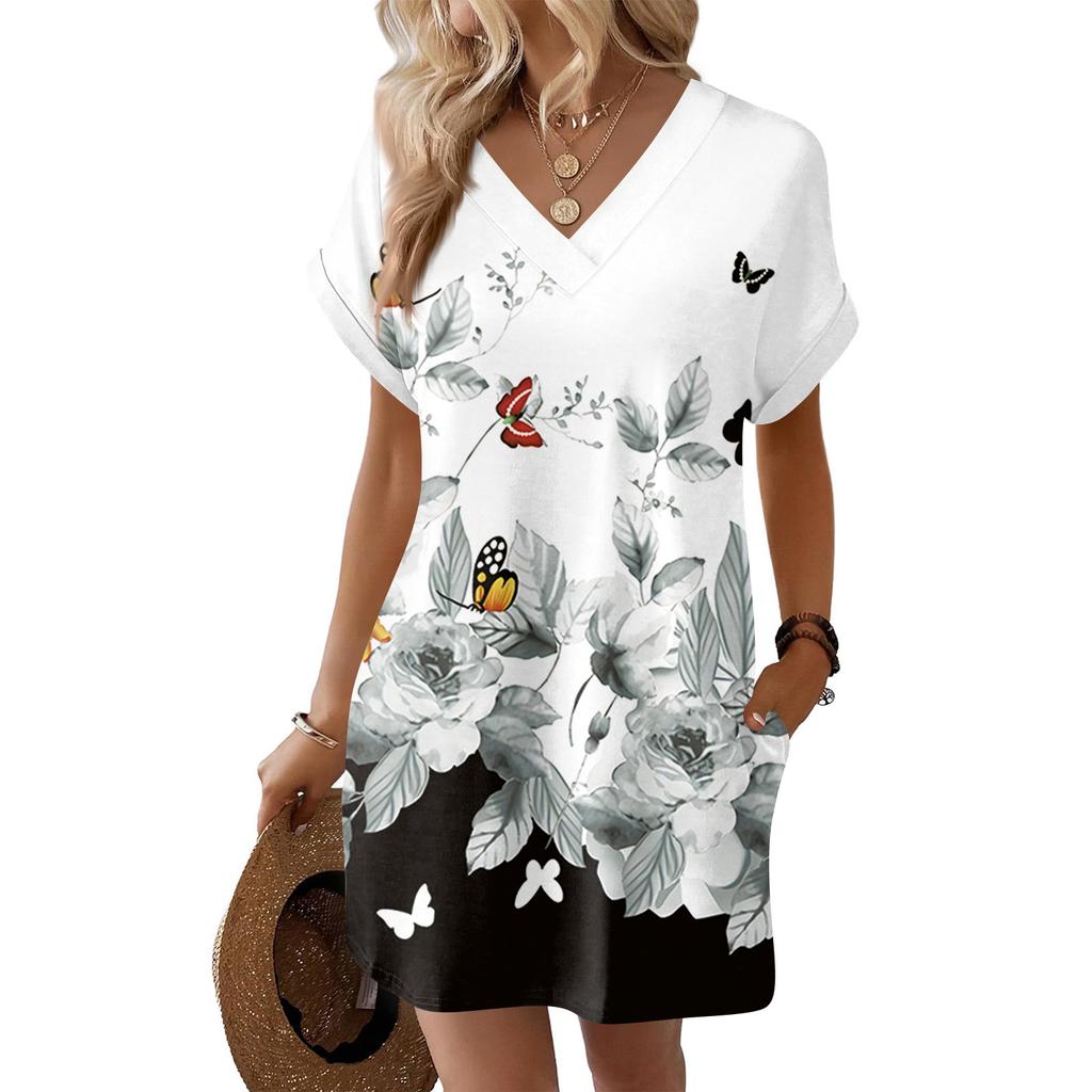 Women's Fashionable Floral Print V-neck Short Sleeved Pocket Casual Pullover Dress