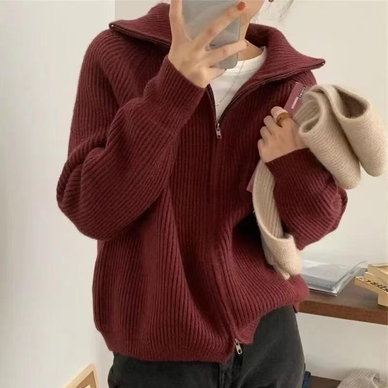 WTEMPO Women's Knit Zip Up Jacket Fall Winter High Collar Full Zip Sweater Cardigan, Long Sleeve Relaxed Fit Thick Knit Coat