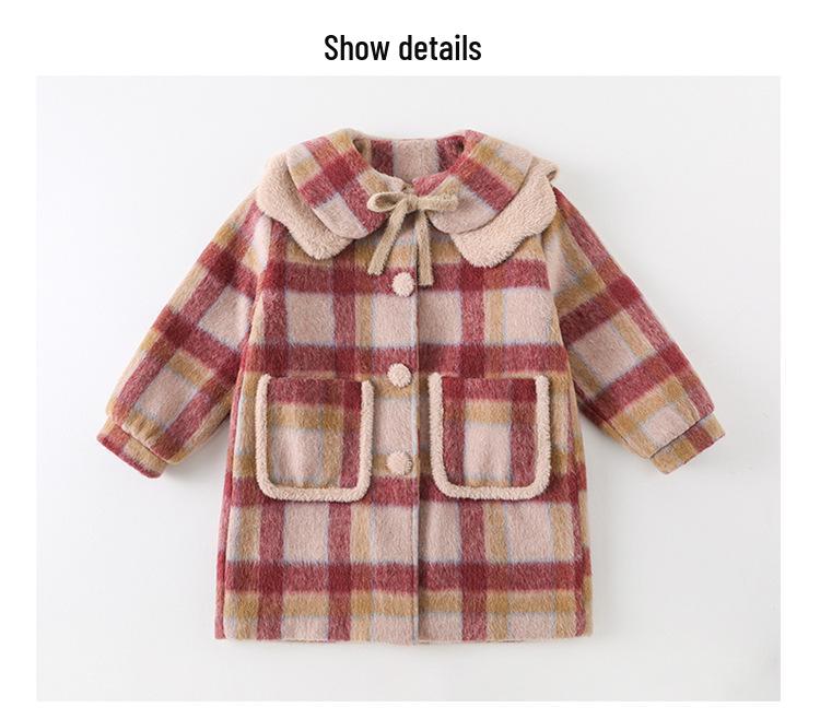 Girls' 2025 Mid-Length Plaid Wool Coat - Thickened for Autumn/Winter Warmth
