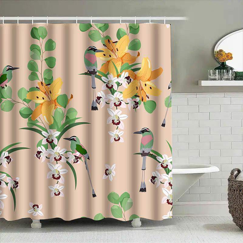 Badvorhänge Floral Duschvorhang Wasserdicht Badezimmer Dekor Set Cartoon Bunte Vögel Blätter 3D Gedruckt Waschbar Sondergröße