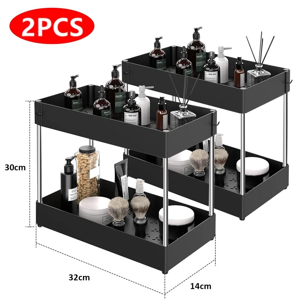 For 2 Tier Under Sink Organizer Sliding Cabinet Basket Organizer Storage Rack With Hooks Hanging Cup Bathroom Kitchen Organizer