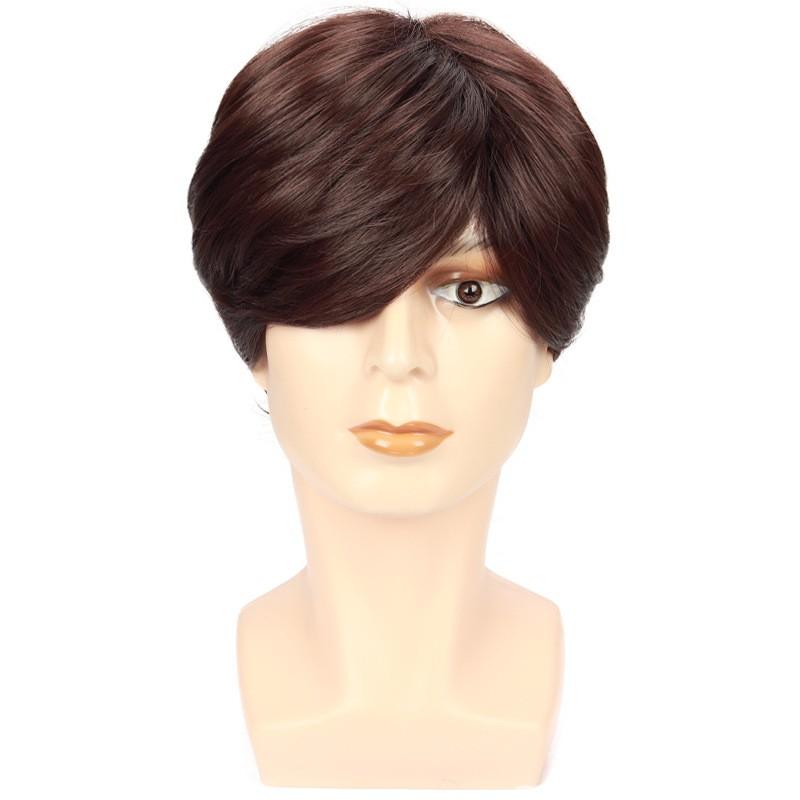 Mens Short Straight Brown Wig With Long Fluffy Bangs Synthetic Hair Daily Wear