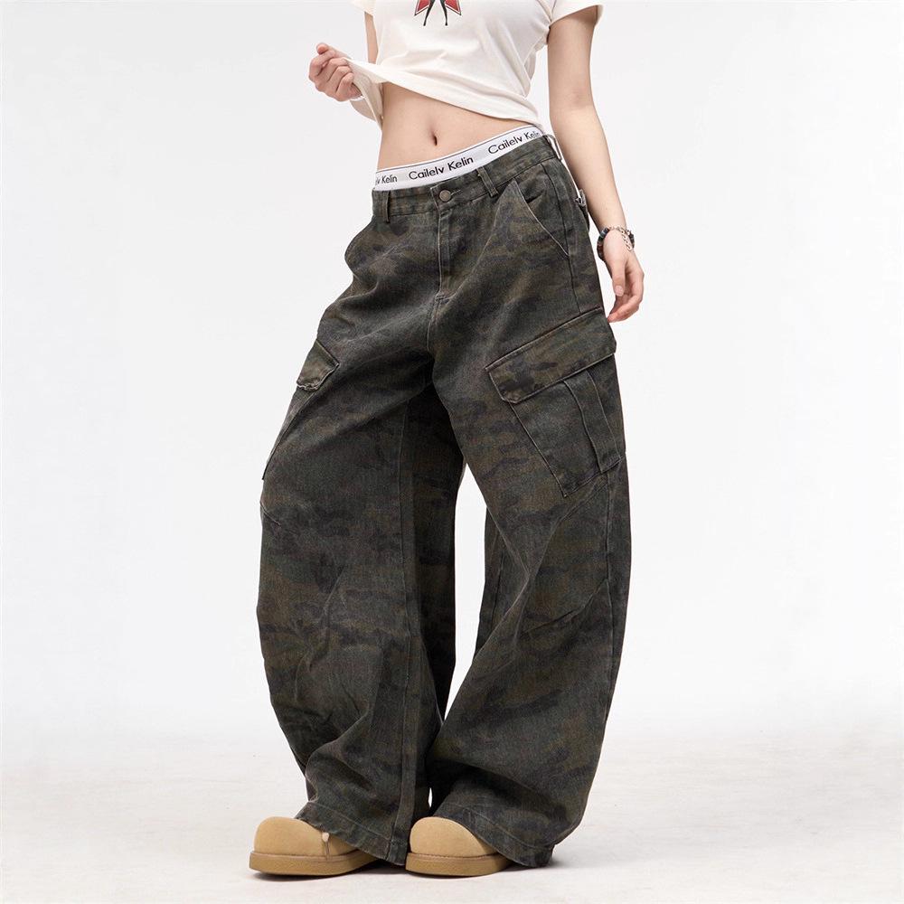 Unisex Retro Camouflage Scimitar Jeans with Multi-Pocket Design - Perfect for Spring and Autumn Casual Wear.