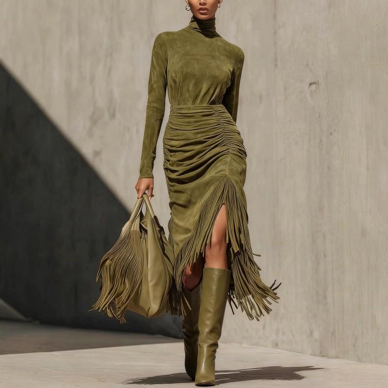 Rochie Midi de Damă din Piele de Cămilă cu Franjuri, Falduri Split, Croială Slim Fit, Talie Înaltă, Mânecă Lungă