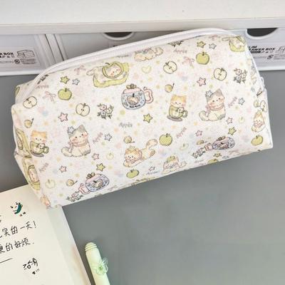 High Quality Canvas Pen Bag Large Capacity Zipper Design Pencil Case Cat Printted Patterns Stationery Bag Student Gift