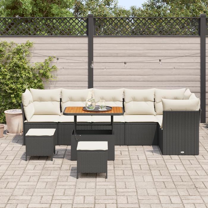 Ensemble de jardin vidaXL 9 pièces avec coussins Noir Poly Rattan Acacia 3361505