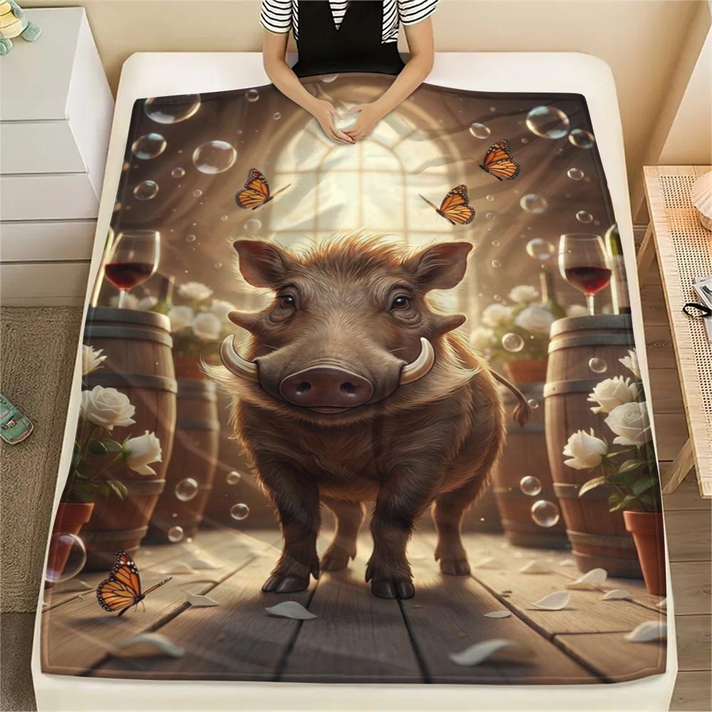 1PC Warthog Print FlAannel Blanket, High quality Comfortable for All Seasons, Home Decor, Warmth and Comfort