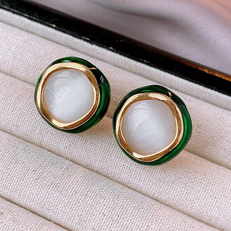 Dripping Oil Round Opal Stud Earrings Elegant and Sweet Versatile Earrings Light Luxury Earrings