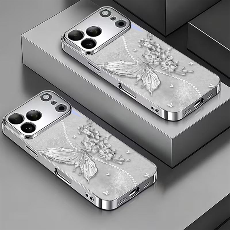 Grey Pearl Butterfly Flower Electroplated Silver Phone Case For iPhone 15 17 16 14 13 12 11 Pro Max Plus 16E 17Air XR 7 8 Cover