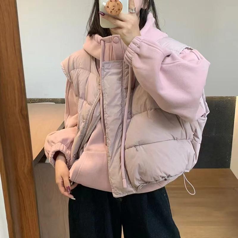 

2025 зимний белый пуховый жилет со стойкой + повседневный пуховый свитер с капюшоном, модный костюм-двойка, тренд One Size