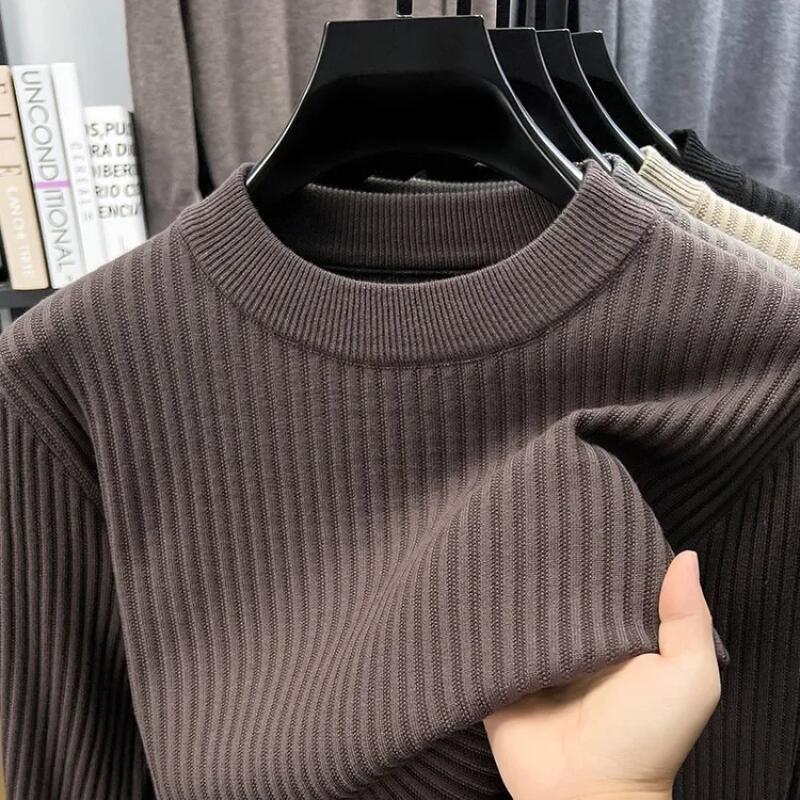 2025 Autumn Men Casual Bottoming Knit Tops Mens Solid Color Textured Long Sleeve Vintage Sweater Mens Fashion Pullover