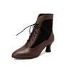 Women Victorian Pointed Toe Ankle Boot Fashion Pu Leather Lace Up Spliced Ladies High Heel Shoe Women Short Boot Plus Size Botas