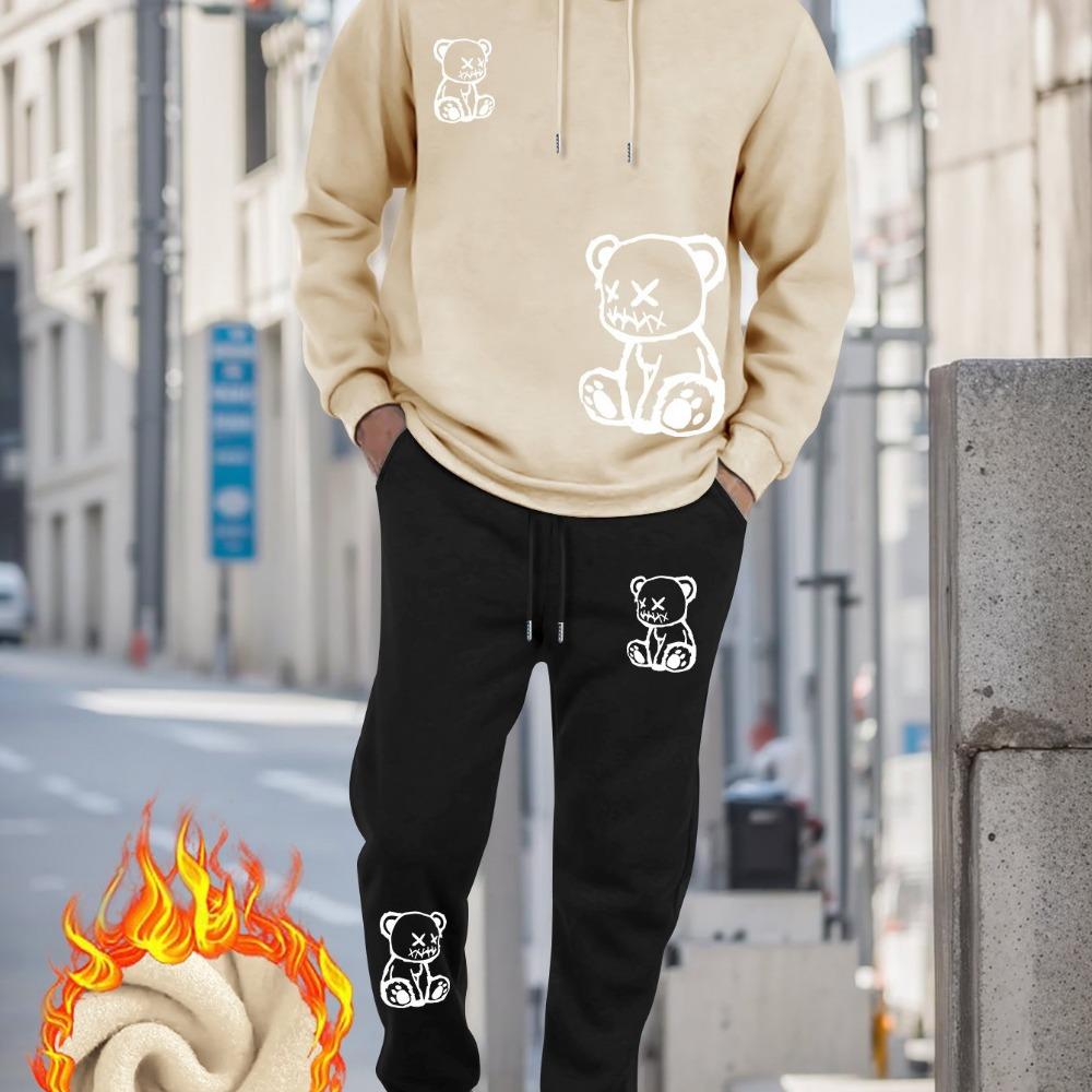 

Мужской удобный комплект худи - Модный принт с медведем, Повседневный уличный комплект с карманом, Машинная стирка XXXL